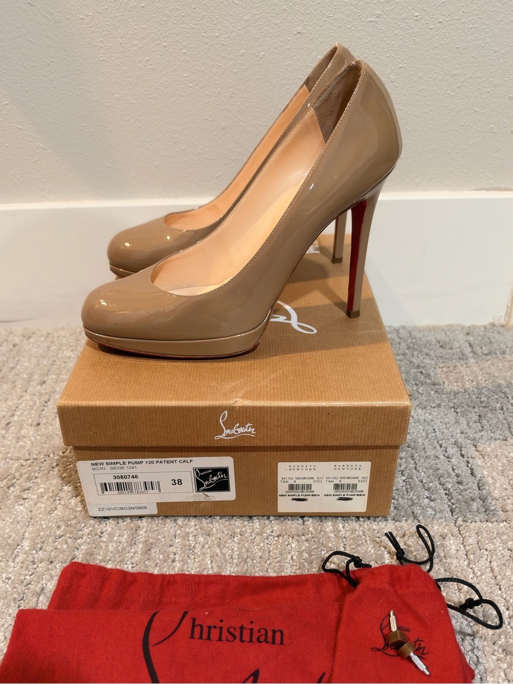 Louboutin New Simple 120mm Pump in nude patent leather, size 38